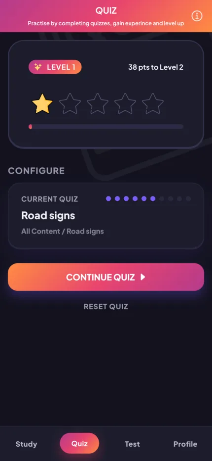 Quiz setup in dark mode